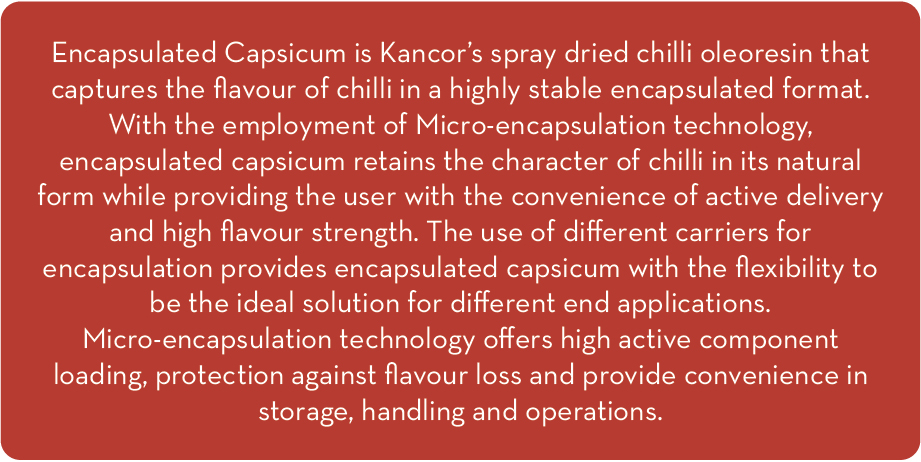 Encapsulated capsicum is Kancor's spray dried chilli oleoresin